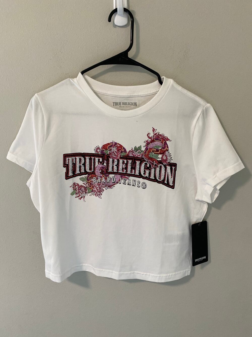 New True Religion Rhinestone Cropped T-Shirt Women's Size Large